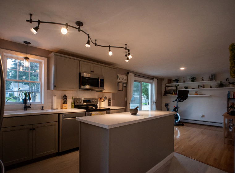 modern kitchen with ceiling lights and counter top lunenburg ma
